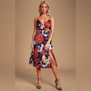 💋 LULUs All About Love Royal Blue Floral Print Midi Dress. Size XL